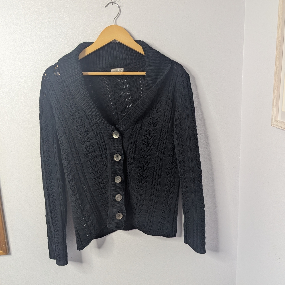J.Jill L Black‎ Textured Knit Cardigan, Button Front, Shawl Collar, Cotton Blend